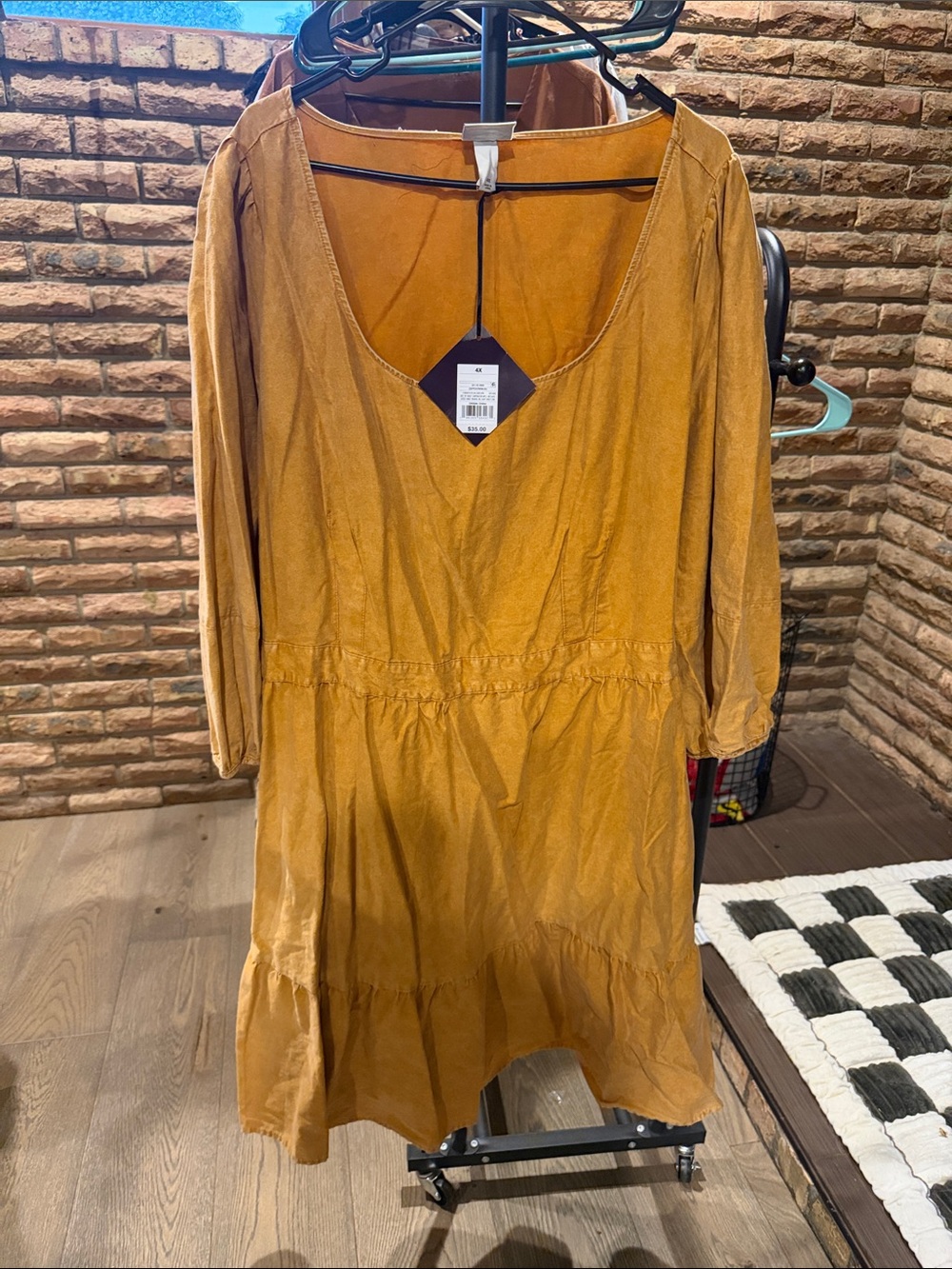 Ava & Viv Mustard V-Neck Tiered Long-Sleeve Dress